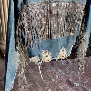 Custom Rhinestone Denim Fringe Jacket